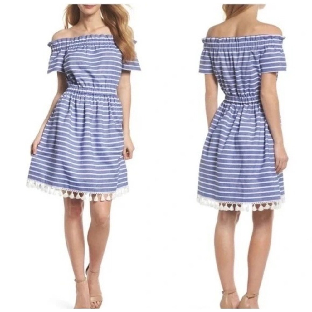 Eliza J Women Blue White Stripe Off The Shoulder Tassel Dress 6
